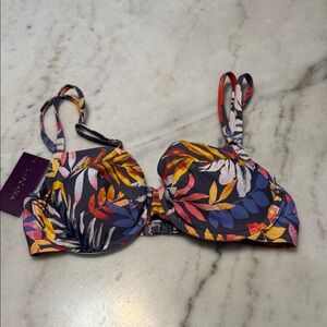 Underwire Floral Leaf Print Bikini Top - Navy Multi